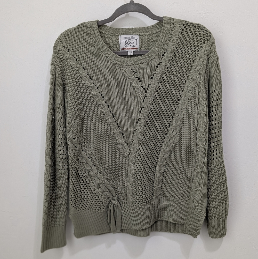Snails Cinnamon Boho Textured Knit Sweater Olive Green Cable Mesh Ribbed Size S